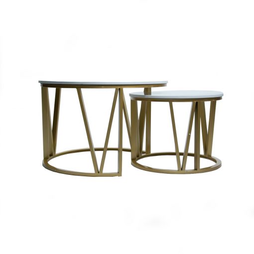 Set mesas de centro cubierta de marmolina y patas de fierro doradas