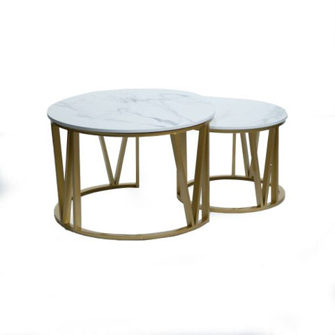 Set mesas de centro cubierta de marmolina y patas de fierro doradas