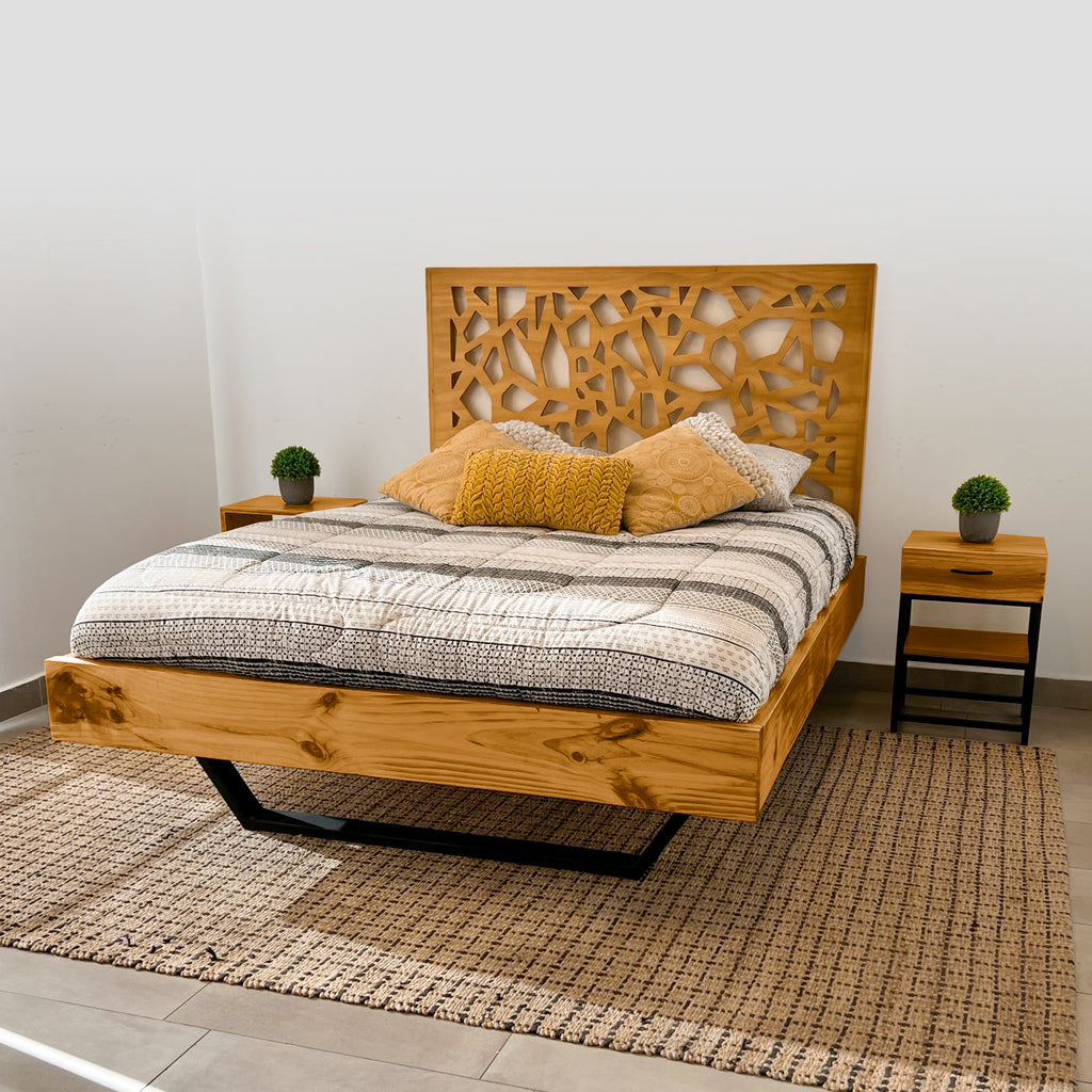 Kit de Base de cama + respaldo artewood mosaico+ 2 veladores (2 plazas)