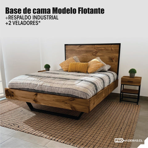 Kit de Base de cama + respaldo industrial + 2 veladores (2 plazas) // Producto exclusivo Miembros VIP Promaderas